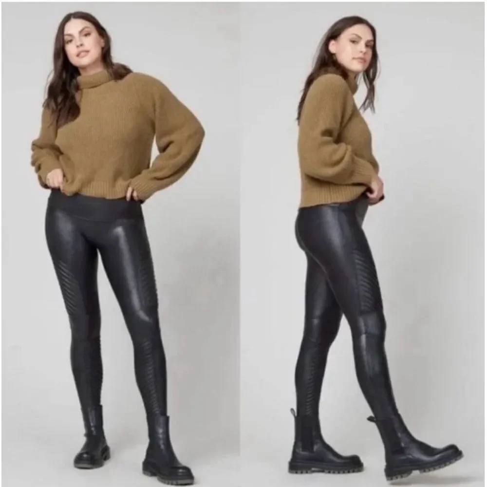 EUC SPANX BLACK MOTO FAUX LEATHER LEGGINGS SIZE LARGE